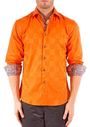 Checkered Texture Solid Orange Button Up Long Sleeve Dress Shirt