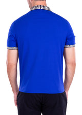 Greek Key Trim Zipper Polo Shirt Solid Royal