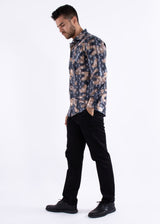 Shiny Geo Print Long Sleeve Dress Shirt Navy