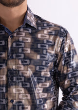 Shiny Geo Print Long Sleeve Dress Shirt Navy