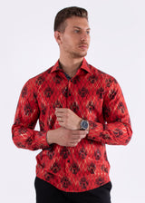 Diagonal Line Fleur Long Sleeve Dress Shirt Red