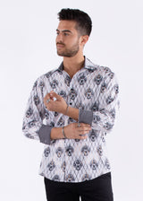 Diagonal Line Fleur Long Sleeve Dress Shirt White