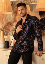 Velvet Greek Key Long Sleeve Dress Shirt Black