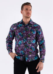 Arcade Print Purple Long Sleeve Dress Shirt