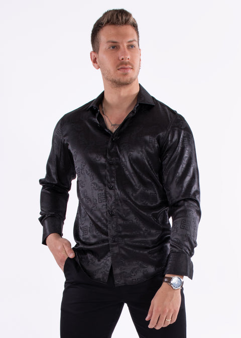 Greek Key Long Sleeve Dress Shirt Black Shine