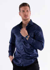 Greek Key Long Sleeve Dress Shirt Navy Shine