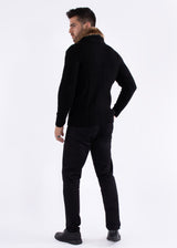 Full Zip Cable Knit Fur Collar Sweater Black