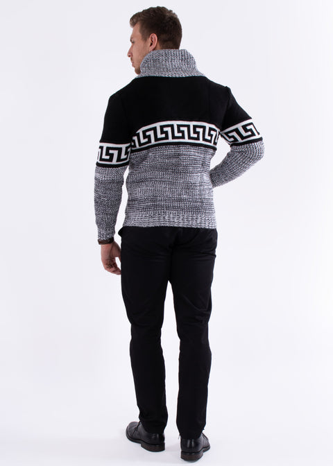 Greek Key Contrast Button Up Sweater Black