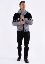 Greek Key Contrast Button Up Sweater Black