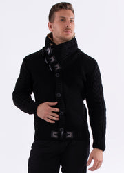 Fur-Lined Collar Button Up Sweater Black