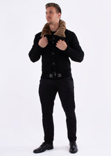 Fur-Lined Collar Button Up Sweater Black