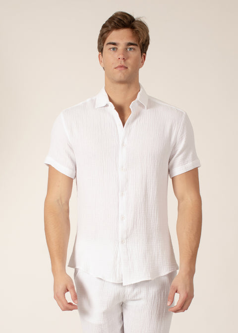 Cotton Texture Button Up Short Sleeve Dress Shirt