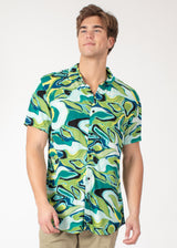 Green Abstract Button Up Short Sleeve Dress Shirt