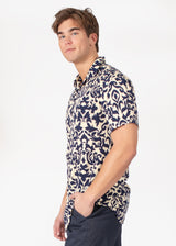 Navy Abstract Button Up Short Sleeve Dress Shirt