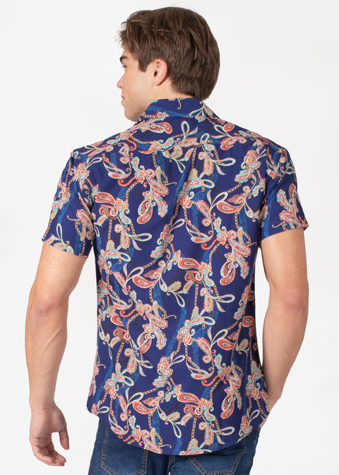 Short Sleeve Navy Dress Shirt with Abstract Paisley Print