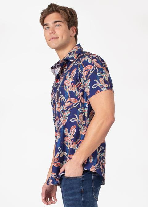 Short Sleeve Navy Dress Shirt with Abstract Paisley Print