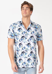 Tropical Feather Button Up Short Sleeve Dress Shirt