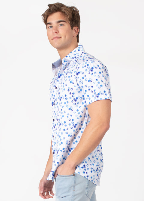 Button-Up Short Sleeve Dress Shirt with Small Circular Texture