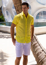 Gingham Texture Solid Yellow Button Up Short Sleeve Dress Shirt