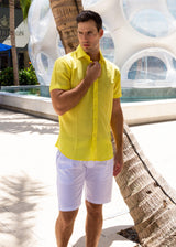 Gingham Texture Solid Yellow Button Up Short Sleeve Dress Shirt