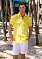 Gingham Texture Solid Yellow Button Up Short Sleeve Dress Shirt