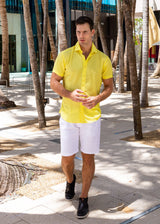 Gingham Texture Solid Yellow Button Up Short Sleeve Dress Shirt