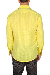 Gingham Texture Solid Yellow Button Up Long Sleeve Dress Shirt