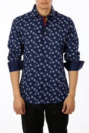 Contrast Flower Print Navy Button Up Long Sleeve Dress Shirt