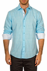 Men's Modern Fit Cotton Button Up Turquoise Checkered