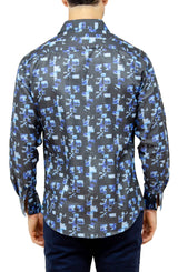 Men's Navy Patterned Long Sleeve Button Up