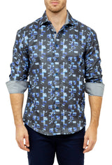 Men's Navy Patterned Long Sleeve Button Up