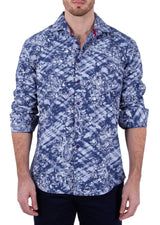 Blue Denim Effect Geometric Washed Paisley Print Long Sleeve Dress Shirt