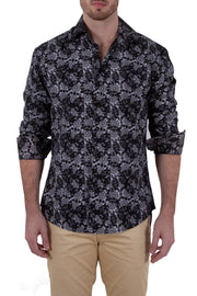 Overlapping Mandalas Printed Black Button Up Long Sleeve Dress Shirt