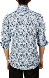 Floral Watercolor Print Long Sleeve Dress Shirt Blue