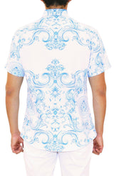 Blue Symmetrical Damask Short Sleeve Dress Shirt