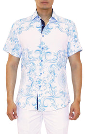 Blue Symmetrical Damask Short Sleeve Dress Shirt