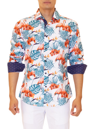 Tropical Flamingo Print Long Sleeve Button Up Dress Shirt White