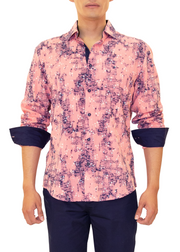 Men's Pink Distressed Print Button Up Long Sleeve Dress Shirt