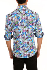 Men's Printed Blue Button Up Long Sleeve Dress Shirt