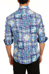 Men's Blue Printed Button Up Long Sleeve Dress Shirt