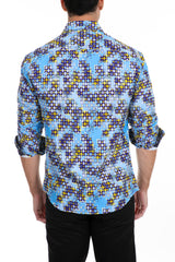 Abstract Geometric Long Sleeve Dress Shirt Yellow & Blue