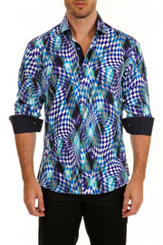 Men's Blue Kaleidoscope Print Button Up Long Sleeve Dress Shirt