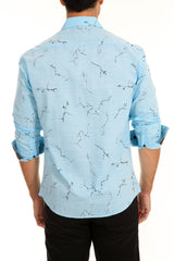 Cracked Marble Pattern Linen Long Sleeve Dress Shirt Blue