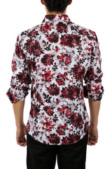 Red Graphic Flower Long Sleeve Dress Shirt