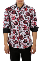 Red Graphic Flower Long Sleeve Dress Shirt