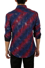 Men's Red Striped Paisley Button Up Long Sleeve Dress Shirt