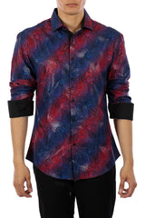 Men's Red Striped Paisley Button Up Long Sleeve Dress Shirt