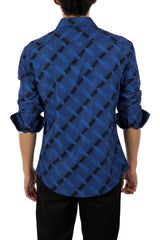 Men's Printed Navy Button Up Long Sleeve Dress Shirt