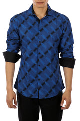 Men's Printed Navy Button Up Long Sleeve Dress Shirt