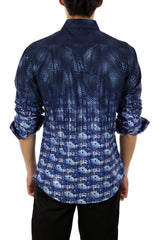 Men's Navy Cyber Print Button Up Long Sleeve Dress Shirt